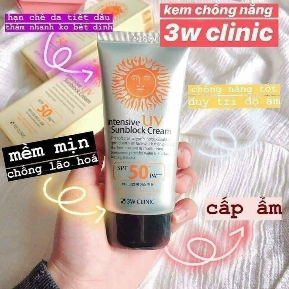 Kem chống nắng 3W Clinic Intensive UV Sunblock tnaang tone bảo vệ da che khuyết điểm tối ưu  SPF 50+ PA+++ 70ml Hàn Quốc