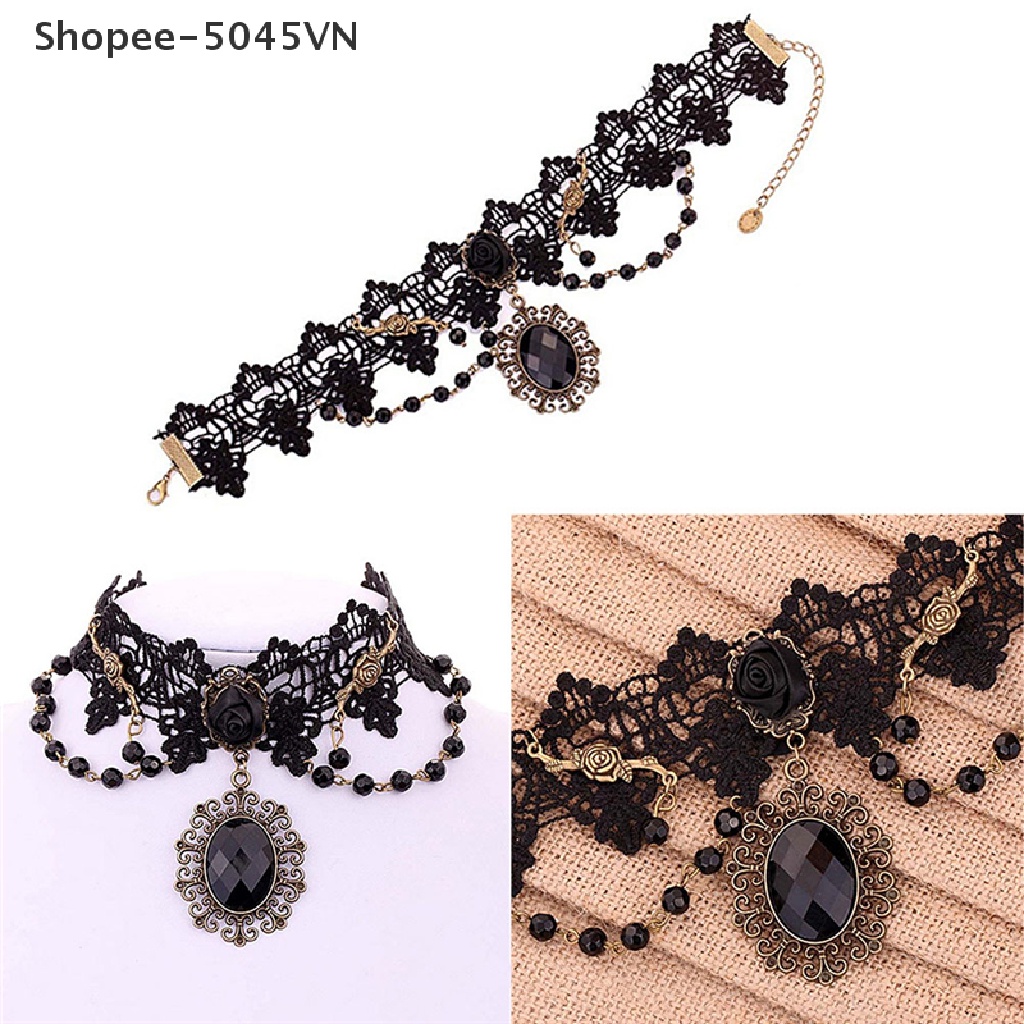 Vòng Cổ Choker Ren Hoa Hồng Đen Đính Hạt Thời Trang