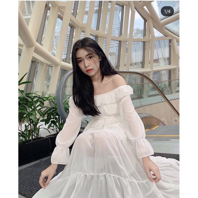 Váy Tiểu Thư Trắng Trễ Vai  Vintage  Màu Trắng -  Thiết Kế ulzzang -  phong cách hàn quốc