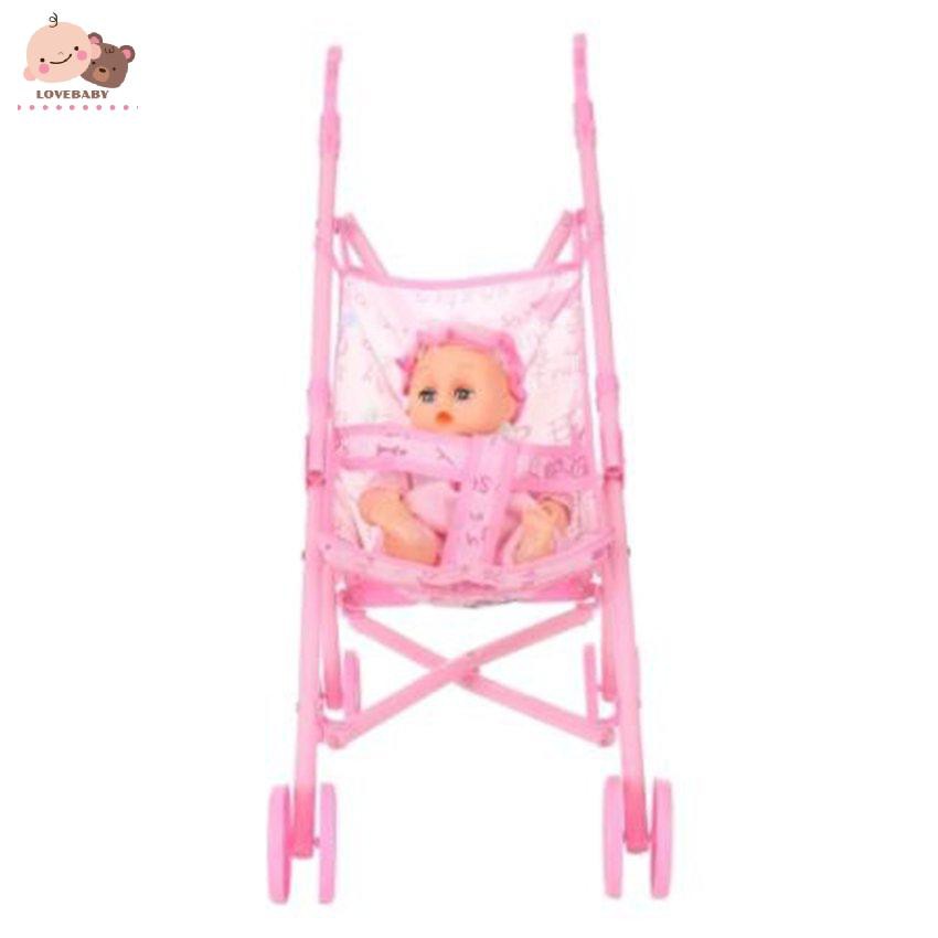 Đồ chơi xe đẩy em bé kèm búp bê 12 inch có thể gập lại làm quà cho bé