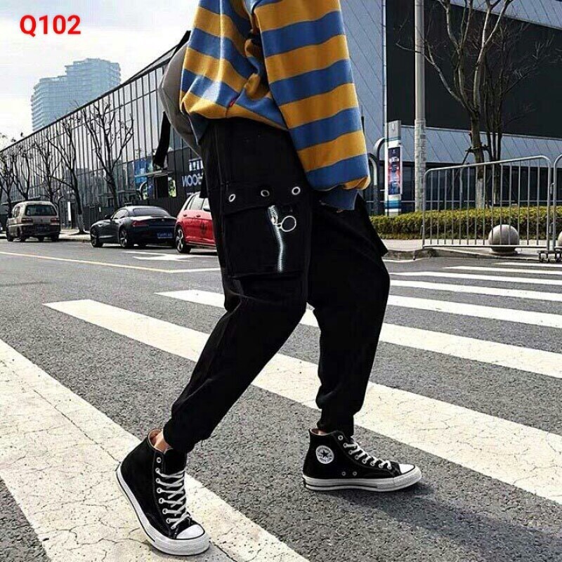 [ SIÊU RẺ ] Quần jogger kaki túi hộp unisex PHỐI 3 KHUYÊN NẮP MÀU ĐEN DÁNG DÀI BO CHÂN