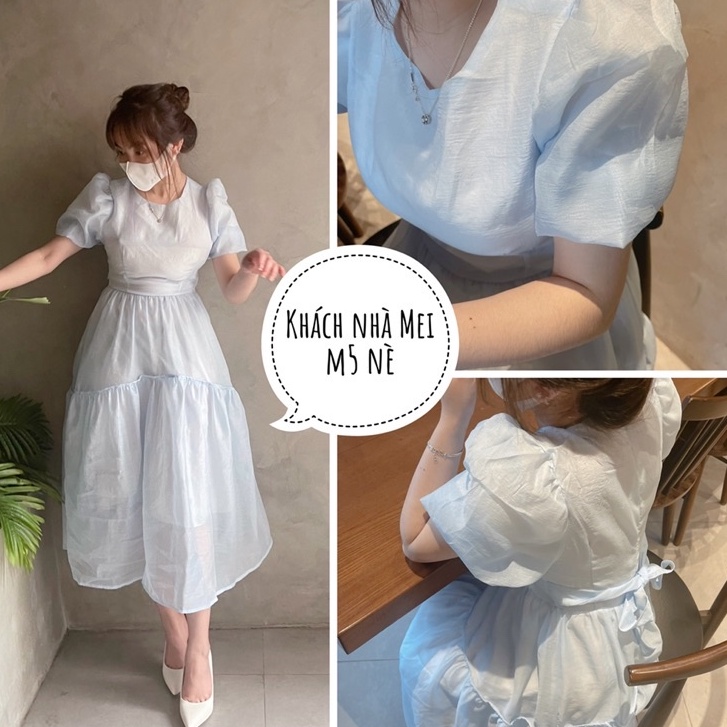 Đầm babydoll MURIOKI tay ngắn phồng cổ tròn phong cách Pháp thời trang 2022 cho nữ