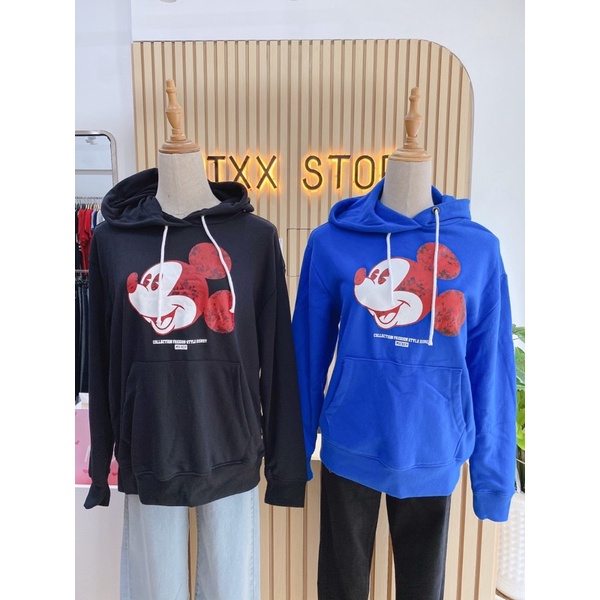 Áo nỉ hodie nữ tay dài có nón in hình mickey chất áo dày dặn xuất xịn phom suông rộng cá tính thời trang