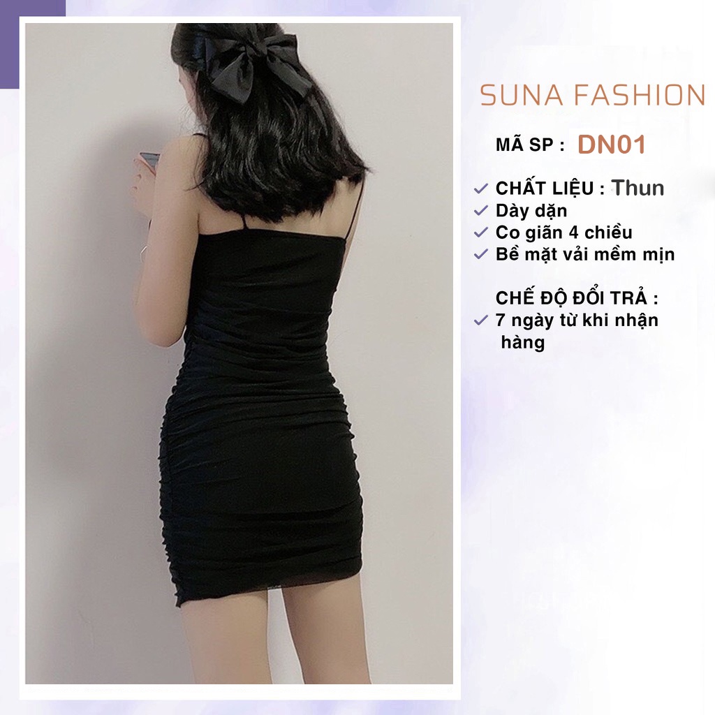 Đầm body nữ nhún hai dây, Váy body ngắn hai dây tôn dáng SUNA FASHION DN01