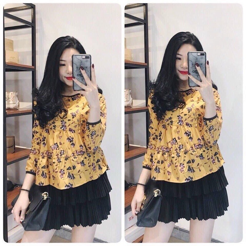 Áo vàng dài tay hoa dáng babydoll