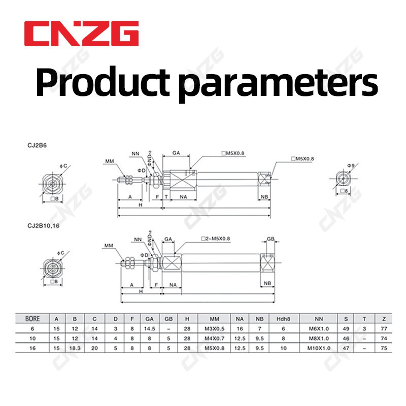 Xi lanh máy nén khí CNZG CDJ2B 10*100 10mm 16mm 100mm 5mm 10mm 20mm 25mm 30mm 35mm 40mm 45mm mini tiện lợi