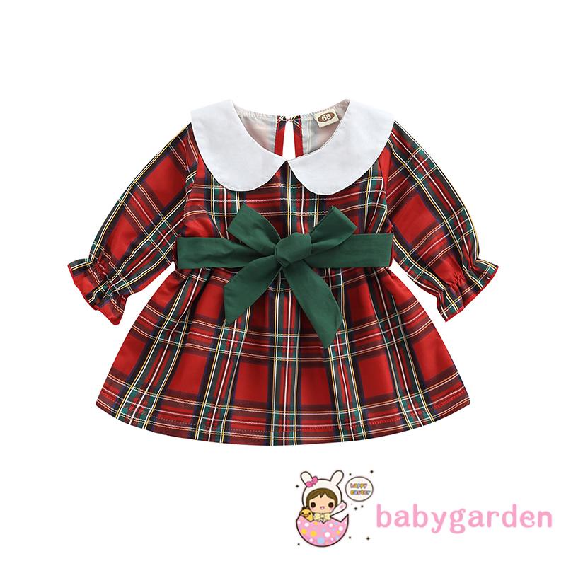 Đầm Sơ Mi Tay Dài Cổ Bẻ Phối Bèo Họa Tiết Kẻ Sọc Caro Phong Cách Giáng Sinh Thời Trang Thu Đông Cho Bé Gái