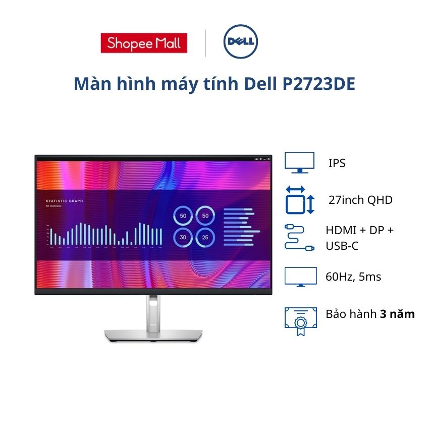 Màn hình máy tính Dell P2723DE/ 27inch QHD/ 60Hz/ IPS/ HDMI + DP+USB-C/ 3Yrs