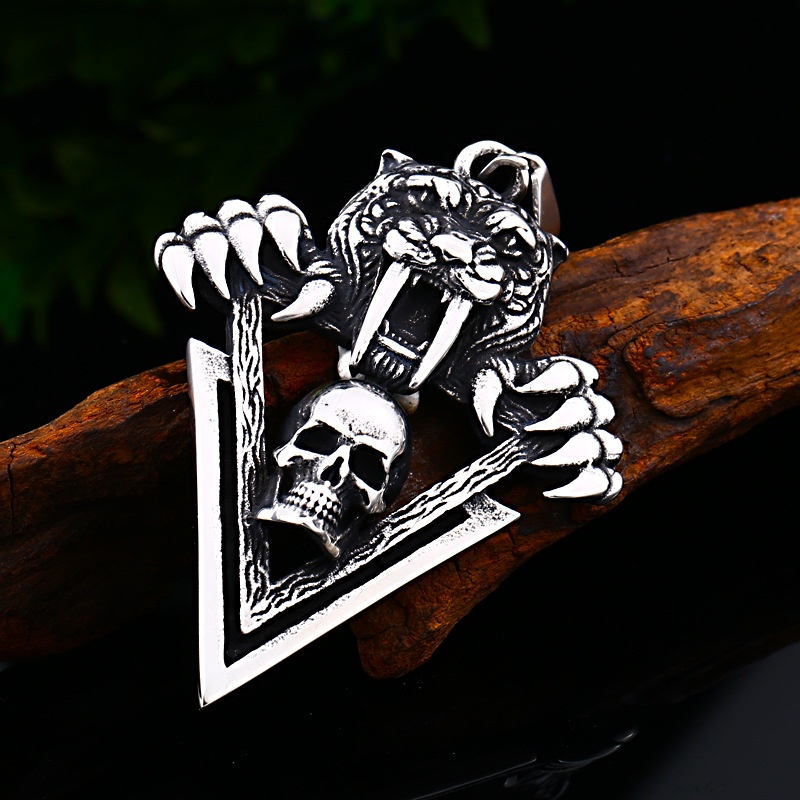 Vòng cổ Mặt Tam Giác Đầu Hổ Răng Hổ Viking Phong Cách Punk Cổ Điển Dành Cho Nam