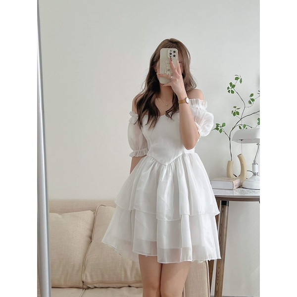 Đầm - Váy trễ vai bồng bềnh chun lưng sau có mút ngực Hàn Quốc