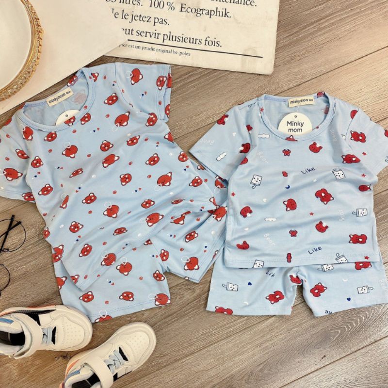 Bộ Minky Thun Lạnh in Hình Gấu cho Bé Trai bé gái 8-18kg