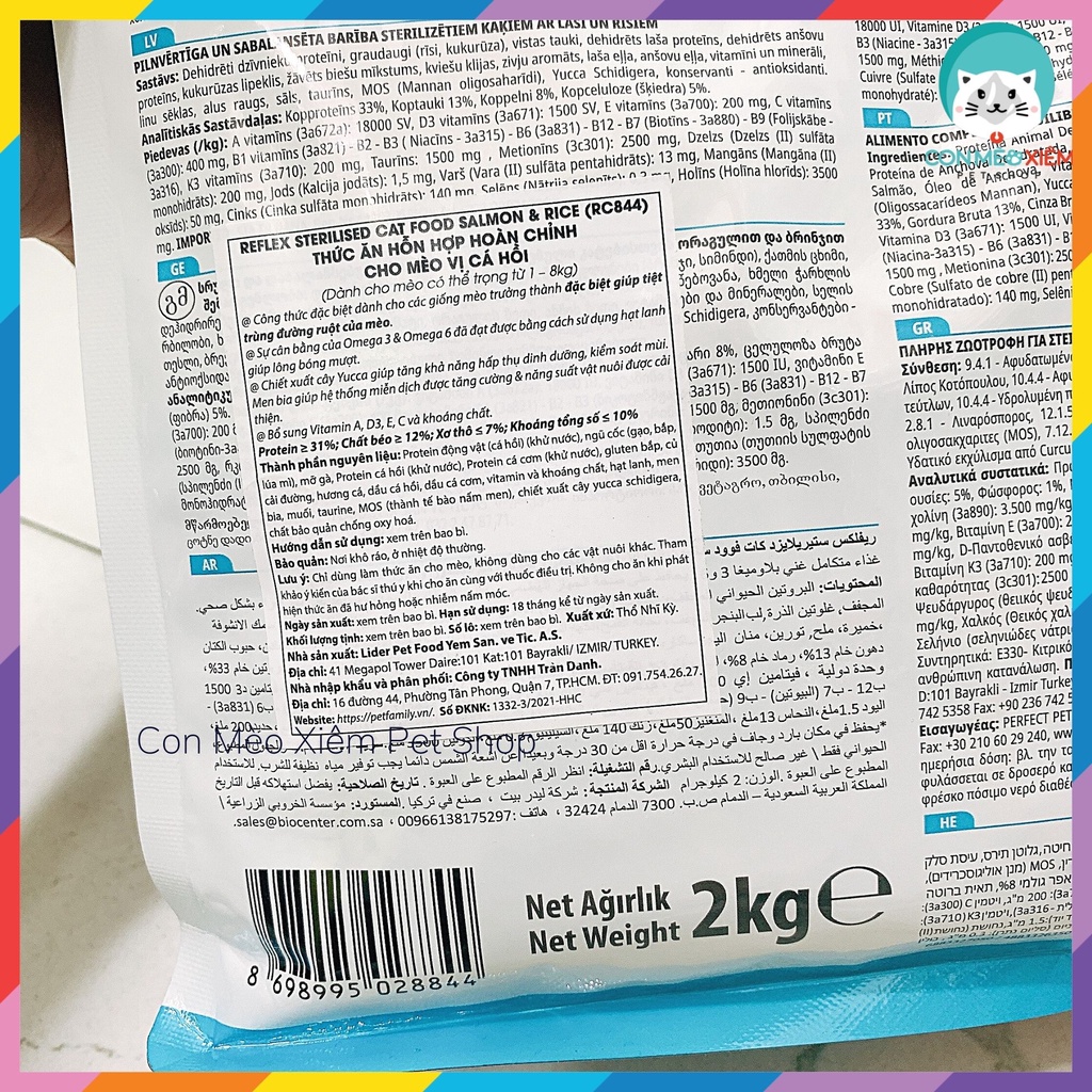 Hạt cho mèo triệt sản Reflex plus 2kg vị cá hồi gạo, sterilised Thổ Nhĩ Kỳ mèo lớn trưởng thành Con Mèo Xiêm