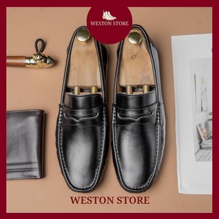 Giày lười nam da bò weston 15388, giày tây mọi nam đen cao cấp da thật đế khâu