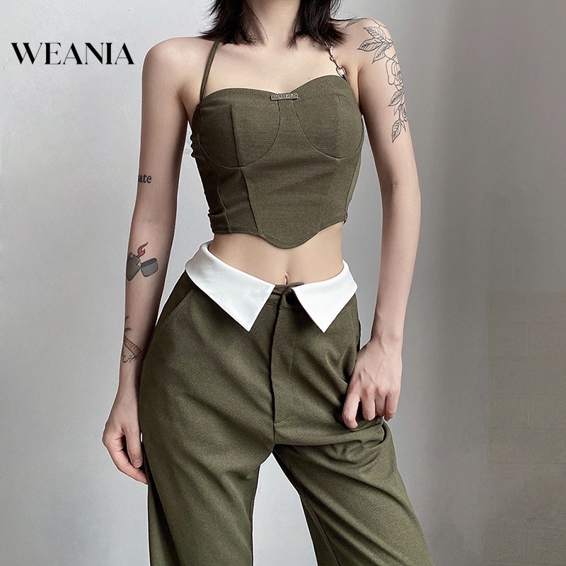 Set Áo 2 Dây Lửng + Quần Dài Ống Rộng Lưng Cao Thời Trang Nữ