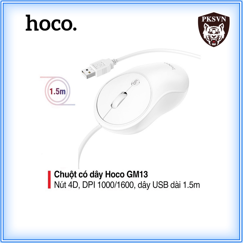 Chuột Máy Tính Có Dây Chính Hãng Hoco GM13 - Chuột Laptop Nút 4D Cao Cấp DPI 1000/1600 Dài 1.5M Chất Liệu ABS - BH 1 Năm