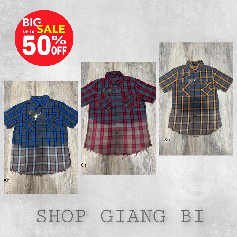 Áo sơ mi nam ngắn tay kẻ đỏ xanh ⚜️ Áo sơ mi nam ngắn tay màu loang rách vạt  2022 ✅