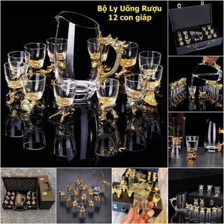 Bộ ly uống rượu đẹp 12 con giáp đựng trong vali cao cấp mạ vàng 18K – Ly rượu thủy tinh làm quà biếu