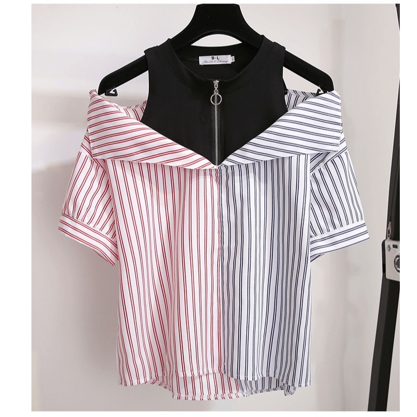2021 summer new spliced shirt women's Korean version of fake two pieces of design careful machine shoulder leakage chiffon blouse