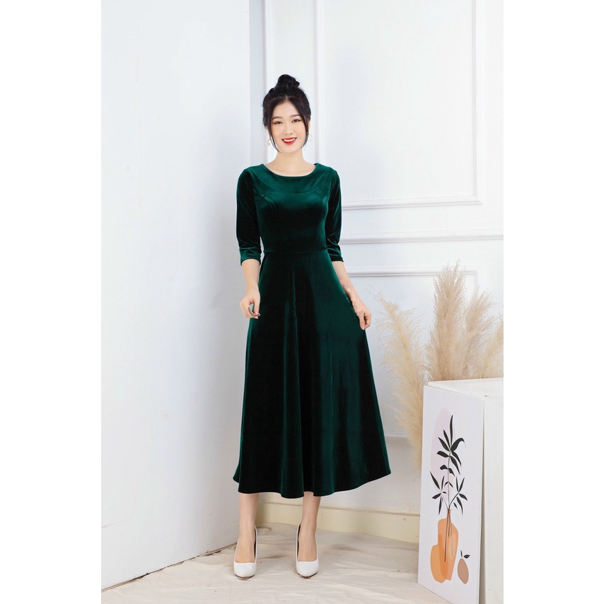 VÁY NHUNG CỔ TRÒN DÁNG CHỮ A, ĐẦM NHUNG SANG TRỌNG