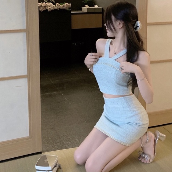 Set Áo Hai Dây Ngắn Màu Xanh Lá + Chân Váy Lưng Cao Ôm Dáng Phong Cách Hàn Quốc Thời Trang Mùa Hè Mới Cho Nữ