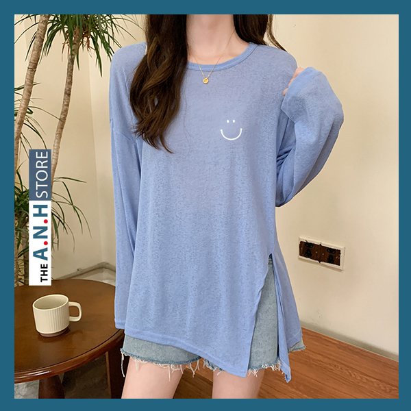 Áo thun xược tay dài xẻ tà cổ tròn nữ in hình phom rộng ANHSTORE , phom rộng phong cách Hàn Quốc