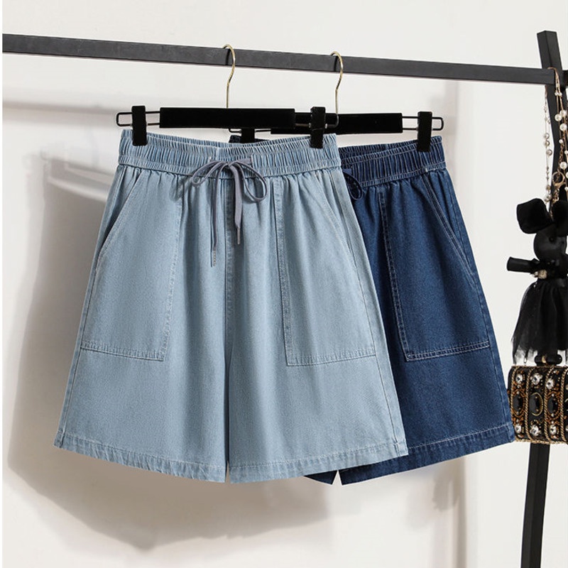 Quần Short Denim Lưng Thun Cao Ống Rộng Plus Size Cho Nữ