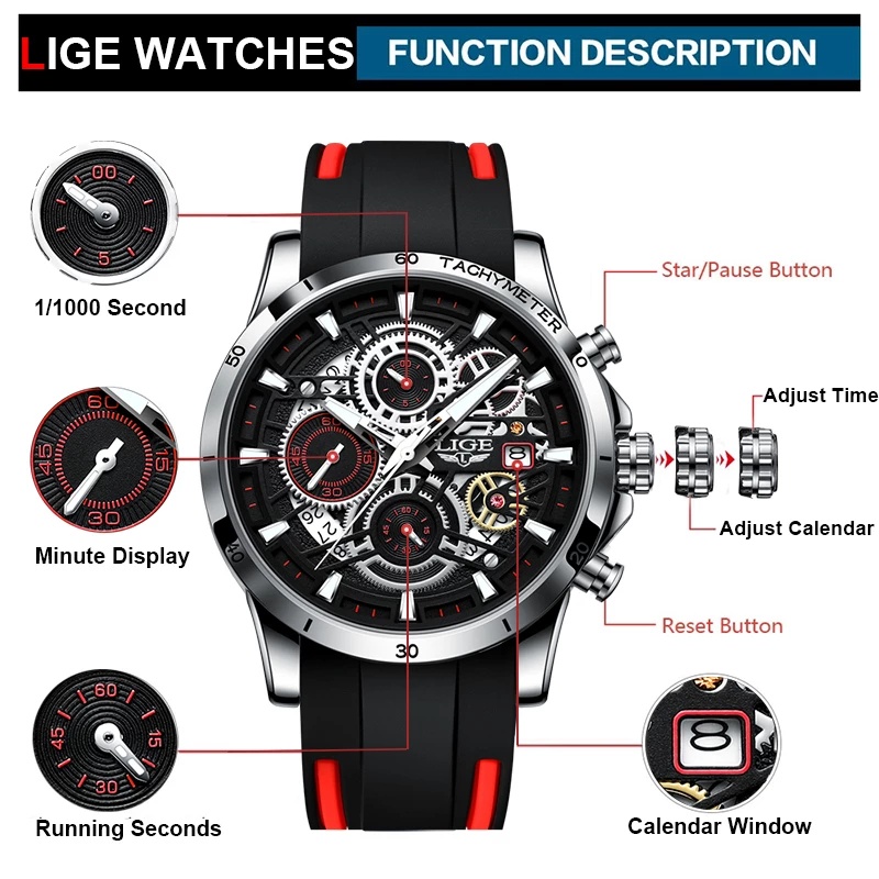 Đồng hồ nam LIGE Đồng hồ Quartz Chronograph sang trọng chống nước