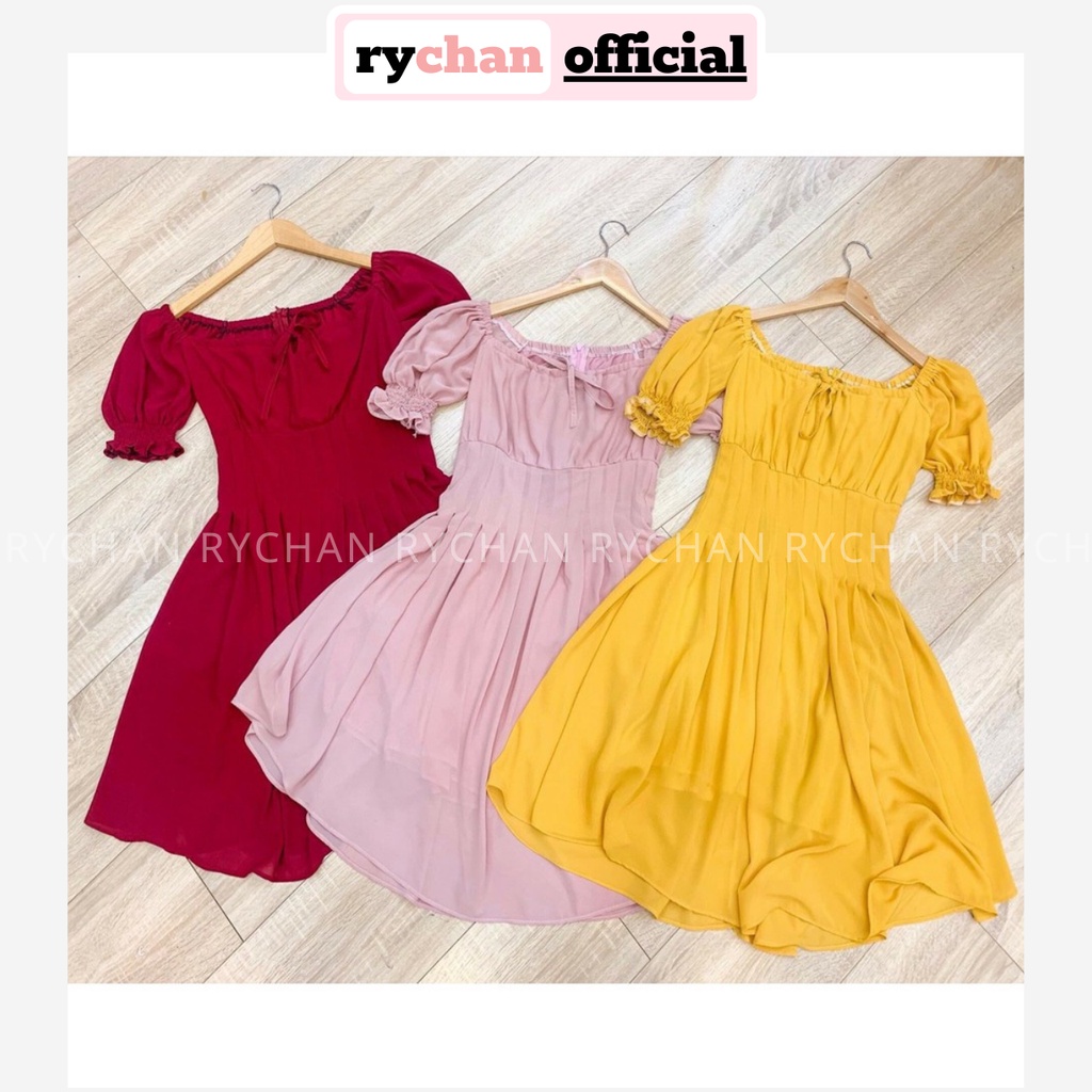 DX884 - Đầm Xòe Cổ Vuông Nơ Cổ Nhiều Màu Hình Thật Đầm Xòe Bánh Bèo Dập Ly