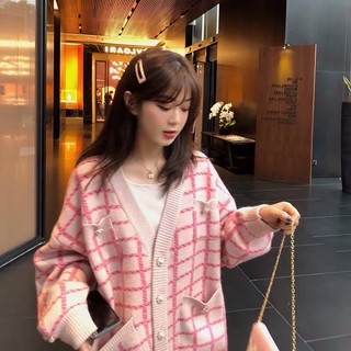Áo khoác len cardigan nữ kẻ sọc caro cổ V điệu đà style Hàn Quốc