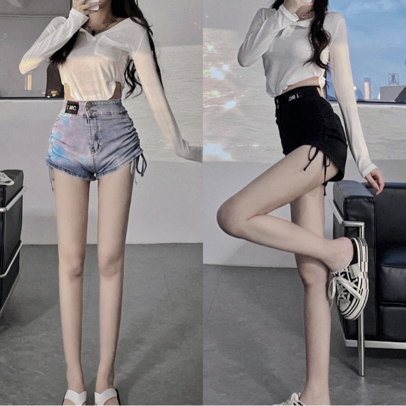 Quần Short Denim Dây Rút In Chữ Thời Trang Cho Nữ