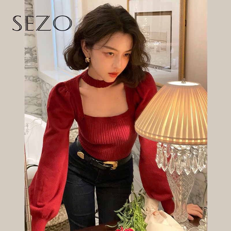 QKOOLE  Áo dệt kim cổ vuông màu đỏ/ đen phong cách Hàn Quốc thời trang cá tính cho nữ