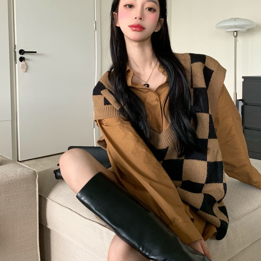 Set áo sơ mi tay dài dáng rộng phong cách retro + áo ghi lê thời trang mùa thu mới 2021 (có bán lẻ)