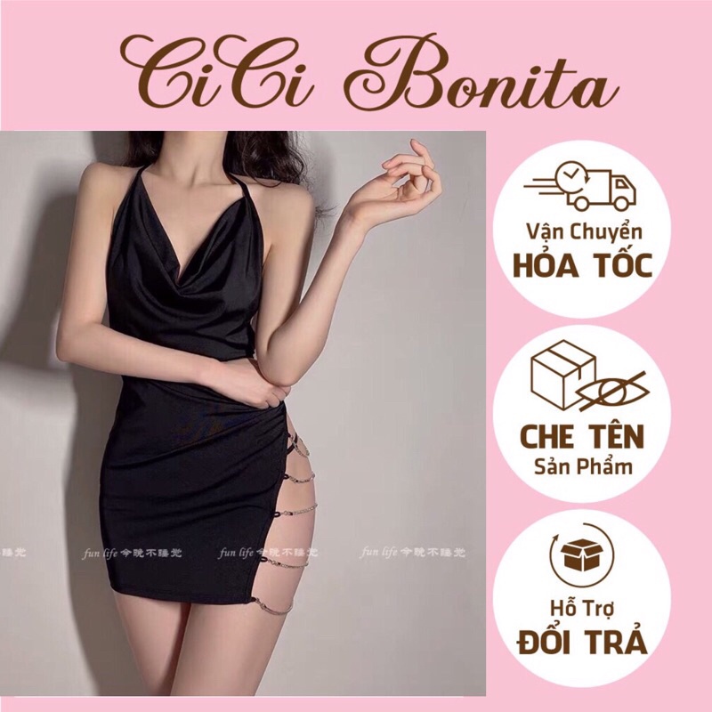 Váy ngủ sexy xẻ tà hông phối xích đá lấp lánh ( quà tặng phái nữ) CV59 CICI BONITA HCM