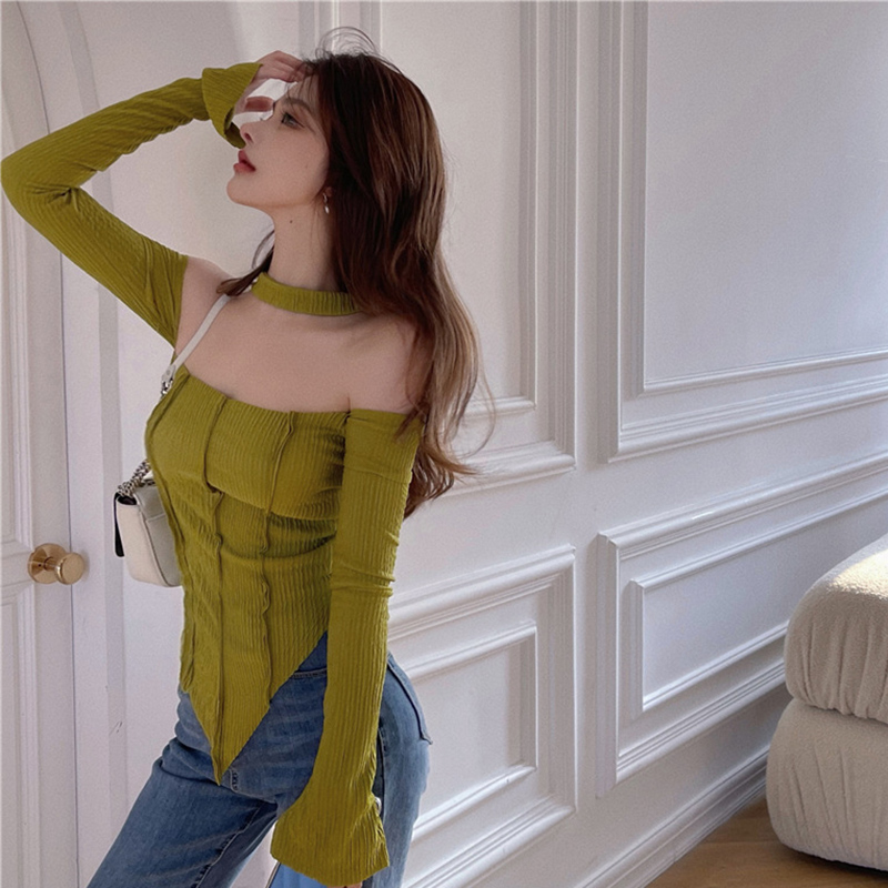 IELGY  Áo Thun Tay Dài Hở Vai Tự Cột Dây Thời Trang Cho Nữ