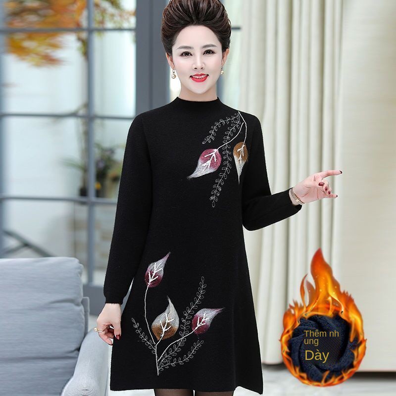 Váy của mẹ cho mùa thu / mùa đông váy in dày mới cho người trung niên và người lớn tuổi
