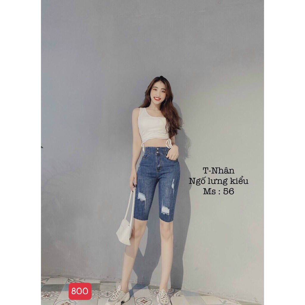 Quần jean ngố lưng cao có độ co dãn chất vải jean dày dặn kiểu lưng đinh eo