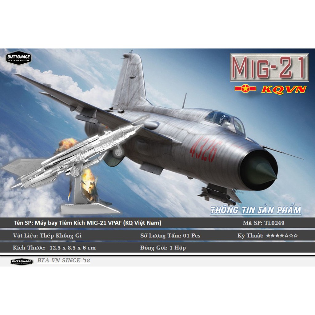 Mô Hình Lắp Ghép kim Loại 3D Máy bay Tiêm Kích MIG-21 KQ Việt Nam