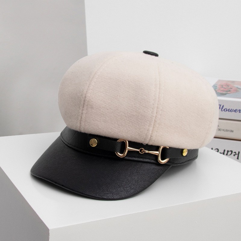 Mũ Beret Da Phối Nút Phong Cách Vintage Anh Quốc Thời Trang Cho Nữ