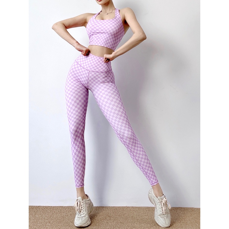 Quần tập yoga ANRAN thiết kế lưng cao dáng ôm sọc ca rô chất liệu nhanh khô thời trang cho nữ