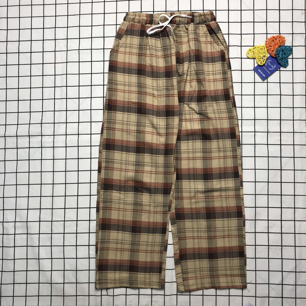 Quần Caro Lưng Thun Dáng Suông Phong Cách Ulzzang Unisex Lapi VN, Lưng Cao, Ống Rộng, Freesize