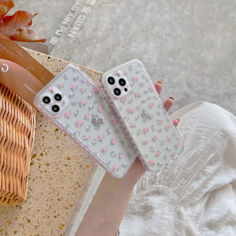 【Ready Stock】iPhone 12 11 Pro Max X XR XS 8 7 Plus + SE 2020 Side Love Heart Pattern Floral Clear Acrylic Soft Case With Camera Protection Cover