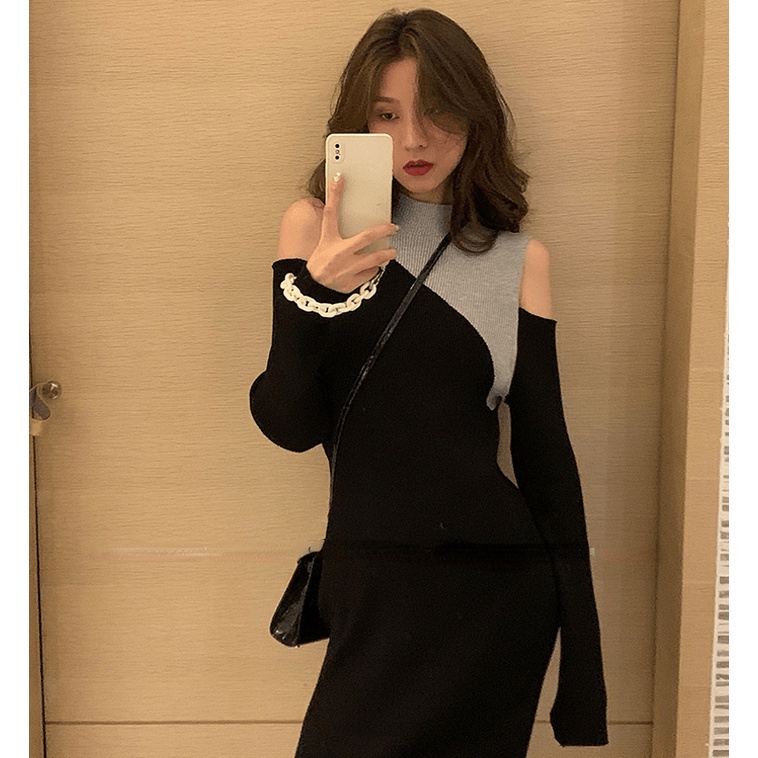 Đầm midi SUXI cổ cao tay dài thiết kế hở vai phong cách Hàn Quốc thời trang mới