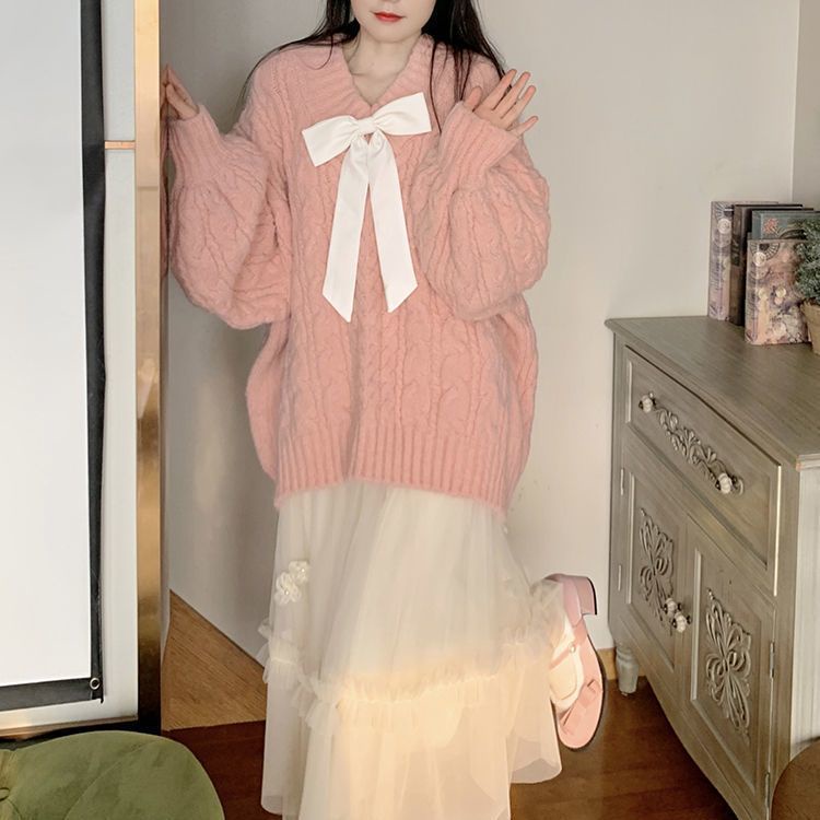 Áo sweater Dệt Kim Cổ Chữ v Dáng Rộng Màu Hồng Thời Trang Mùa Đông Cho Nữ