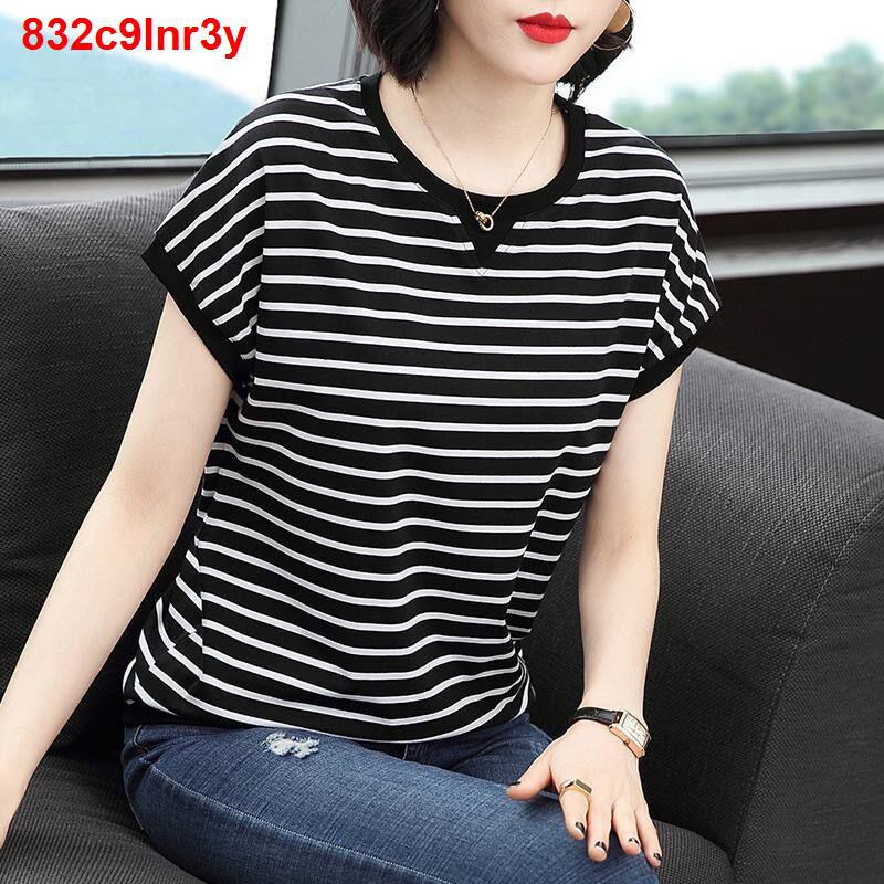 Đầm[ 100% cotton] áo thun ngắn tay phụ nữ mùa hè năm 2021 sọc mới mẹ trung niên rời hàng đầu