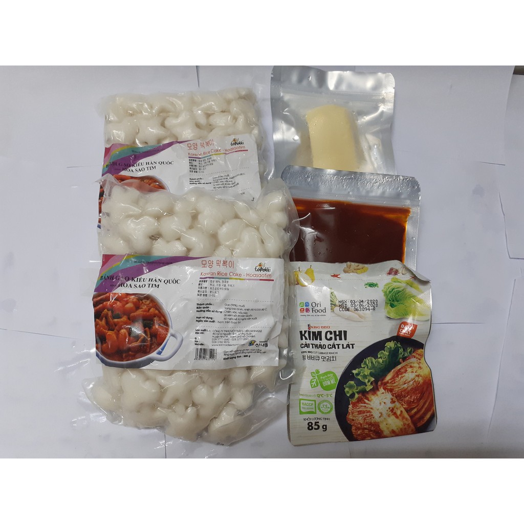 combo 500g bánh gạo hoa sao tim +100g Phô mai kéo sợi Mozzazzella+100g sốt+1 gói kim chi