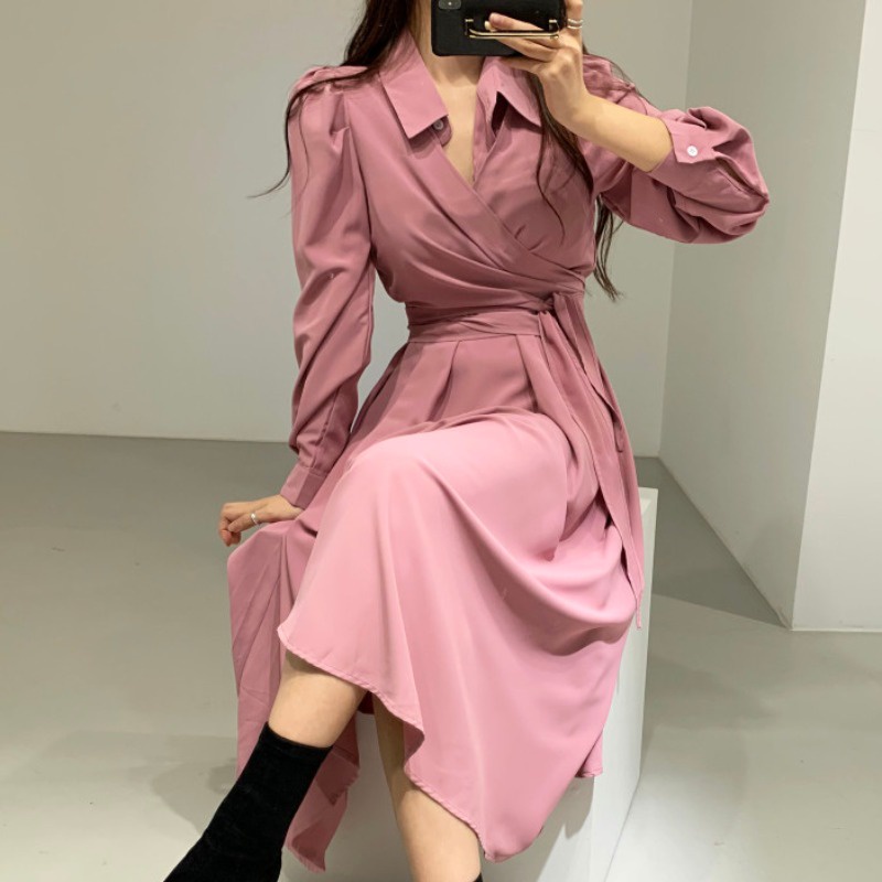 Đầm sơ mi trơn voan chéo vạt thắt eo dáng xòe dài phong cách vintage