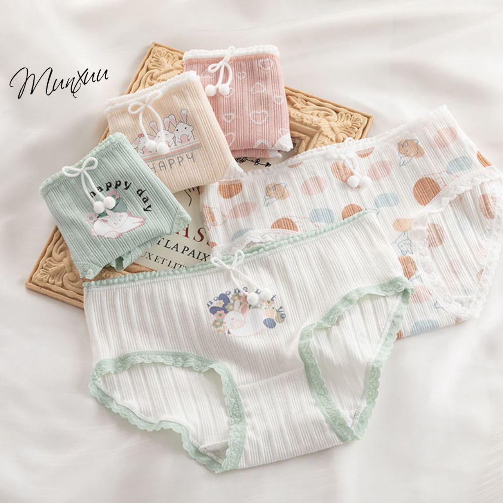 Quần lót nữ MUNXUU vải cotton co dãn mềm mịn, họa tiết thỏ dễ thương phối viền ren ngọt ngào nữ tính - QC119
