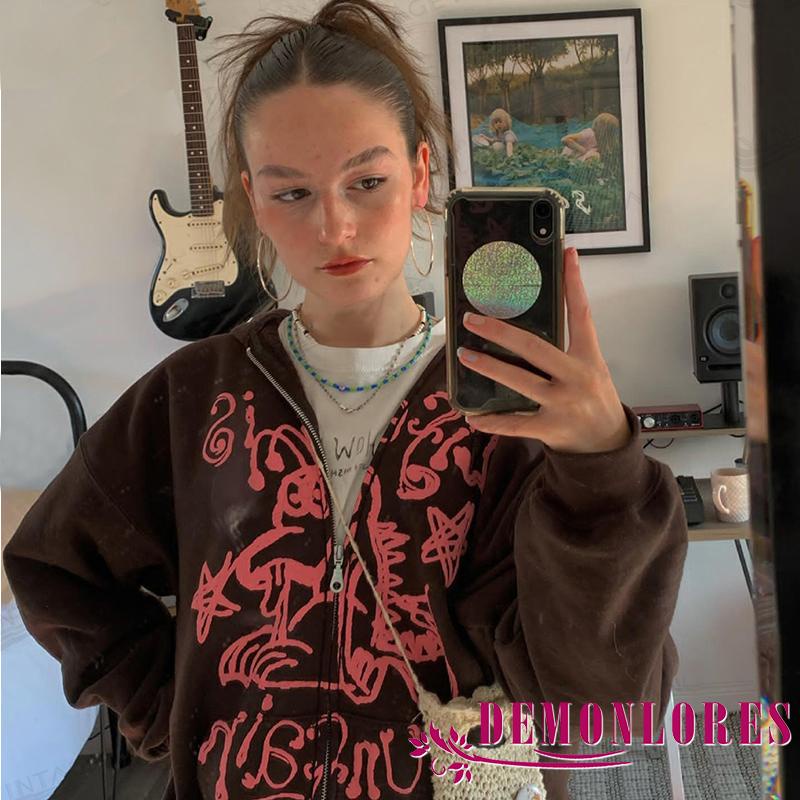 Áo khoác hoodie tay dài in họa tiết graffiti phối khóa kéo sành điệu cho nữ