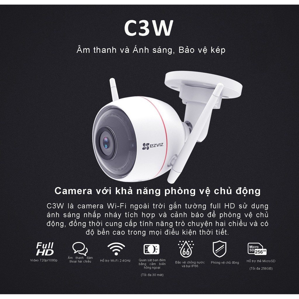 Camera Wifi 2MP EZVIZ C3W 1080P (CS-CV310-A0-1B2WFR) Tích hợp còi báo động, đèn chớp, góc quay rộng