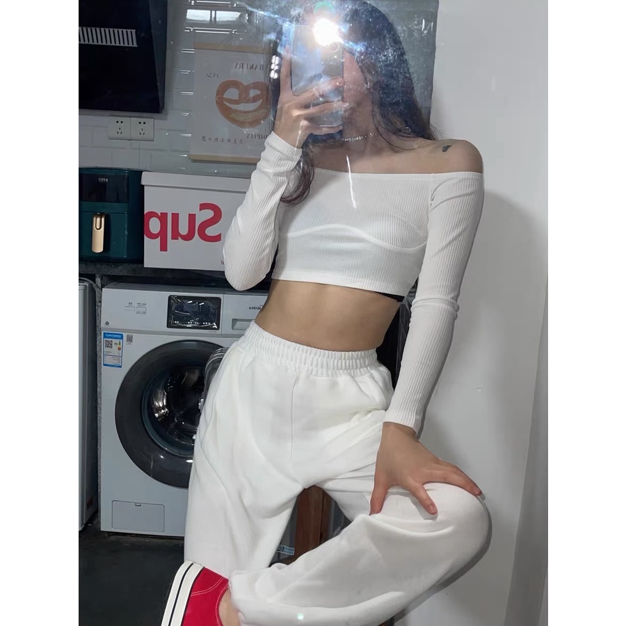 Áo Croptop Tay Dài Hở Vai Màu Sắc Trơn Thời Trang Dành Cho Nữ